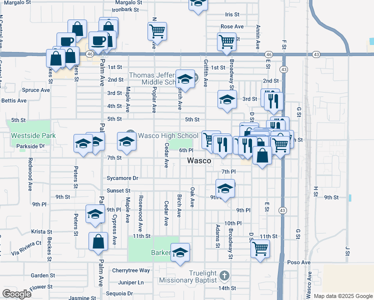 map of restaurants, bars, coffee shops, grocery stores, and more near 6th Place in Wasco