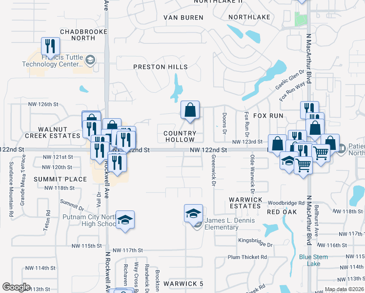 map of restaurants, bars, coffee shops, grocery stores, and more near 6636 Northwest 123rd Street in Oklahoma City