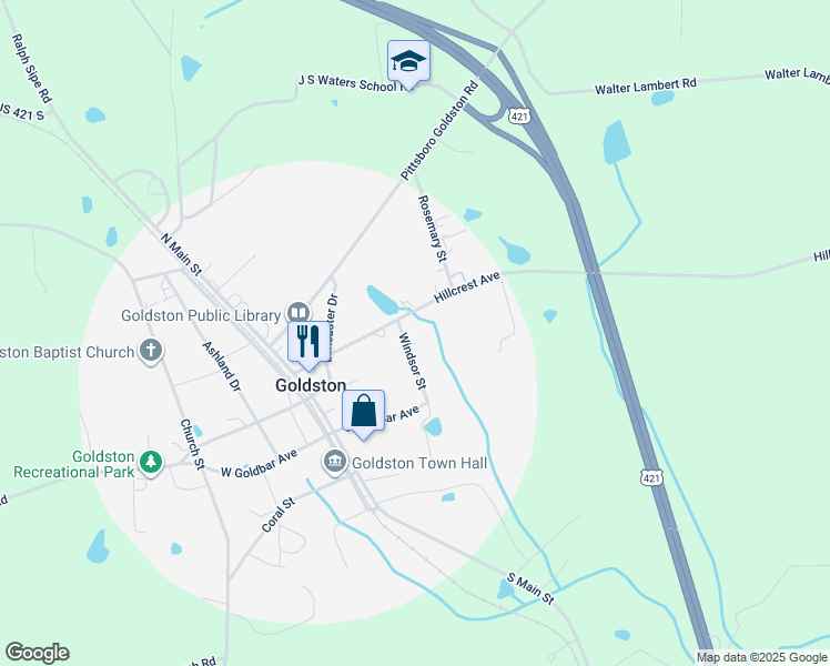 map of restaurants, bars, coffee shops, grocery stores, and more near 35 Windsor Street in Goldston
