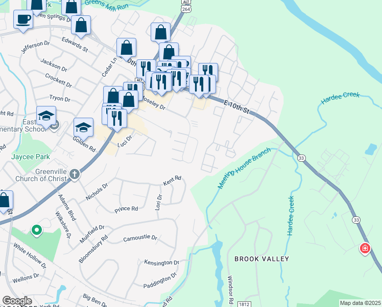 map of restaurants, bars, coffee shops, grocery stores, and more near 3314 Moseley Drive in Greenville
