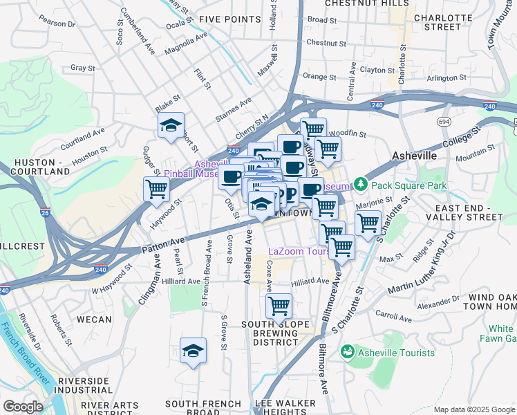 map of restaurants, bars, coffee shops, grocery stores, and more near 36 Battery Park Avenue in Asheville