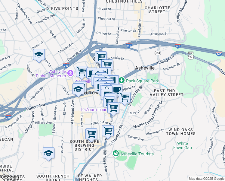 map of restaurants, bars, coffee shops, grocery stores, and more near in Asheville