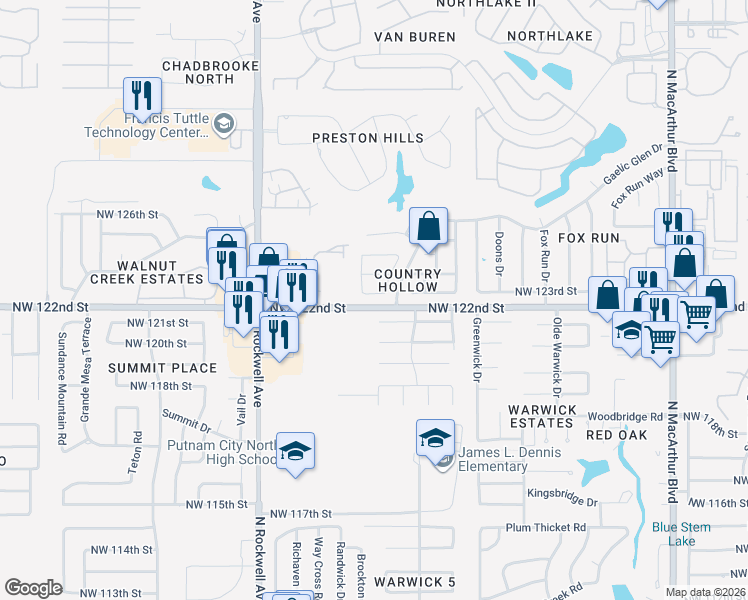 map of restaurants, bars, coffee shops, grocery stores, and more near 6708 Northwest 123rd Street in Oklahoma City