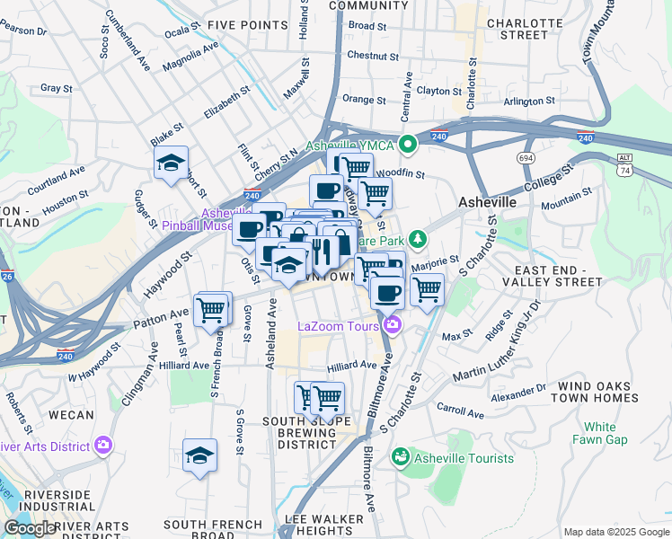 map of restaurants, bars, coffee shops, grocery stores, and more near in Asheville