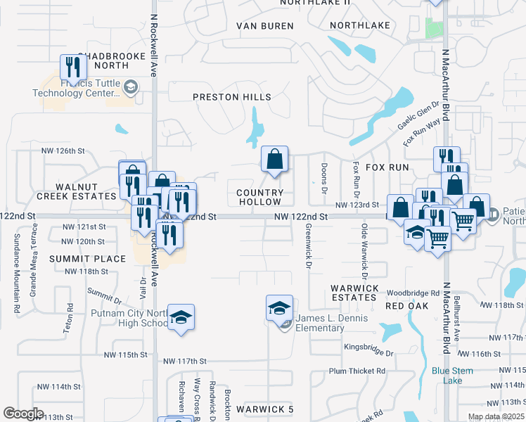 map of restaurants, bars, coffee shops, grocery stores, and more near 6636 Northwest 123rd Street in Oklahoma City