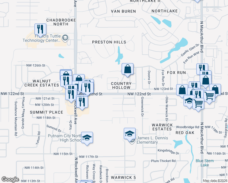 map of restaurants, bars, coffee shops, grocery stores, and more near 6708 Northwest 123rd Street in Oklahoma City