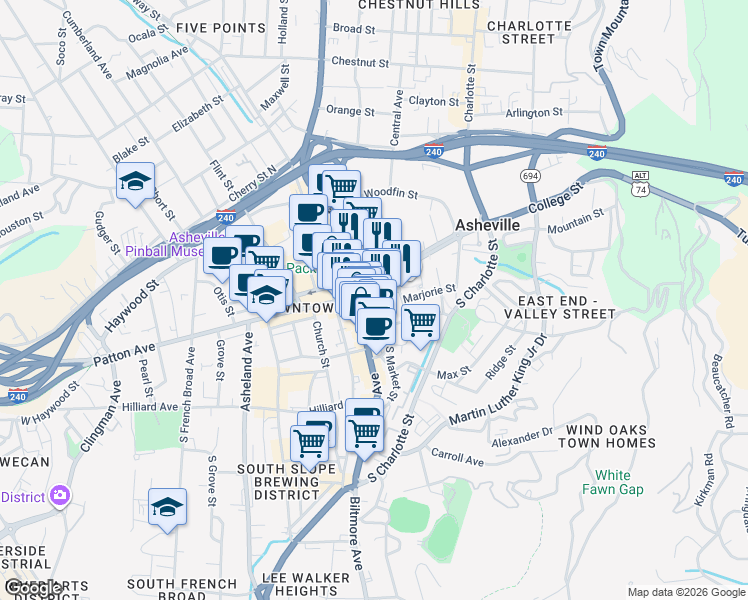 map of restaurants, bars, coffee shops, grocery stores, and more near in Asheville