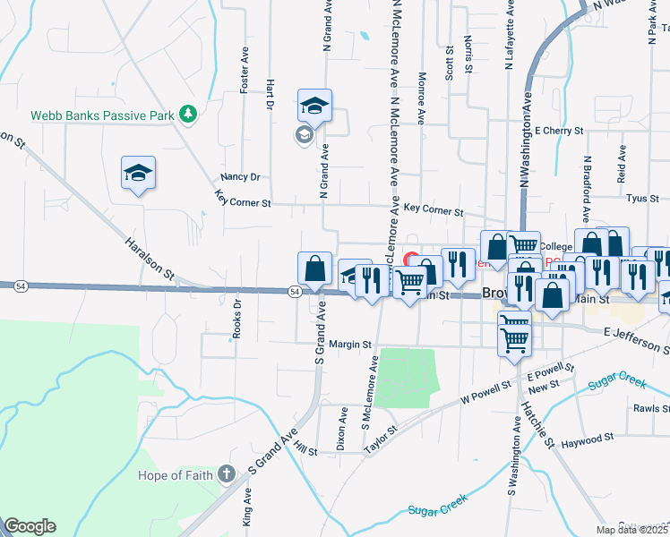 map of restaurants, bars, coffee shops, grocery stores, and more near 100 N Grand Ave in Brownsville