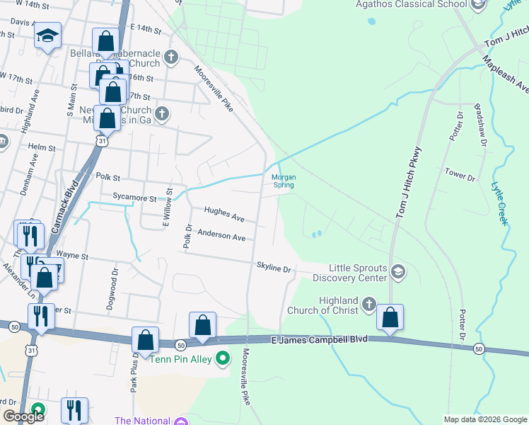 map of restaurants, bars, coffee shops, grocery stores, and more near 505 Mooresville Pike in Columbia