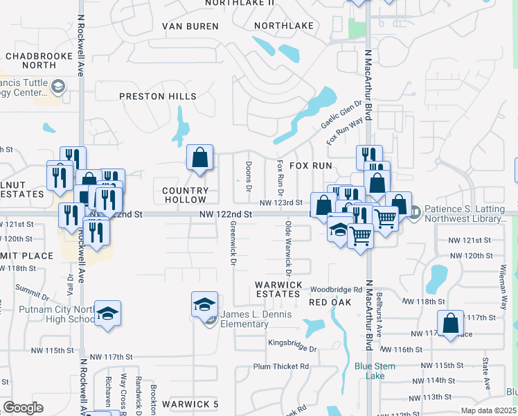 map of restaurants, bars, coffee shops, grocery stores, and more near 6504 Northwest 123rd Street in Oklahoma City
