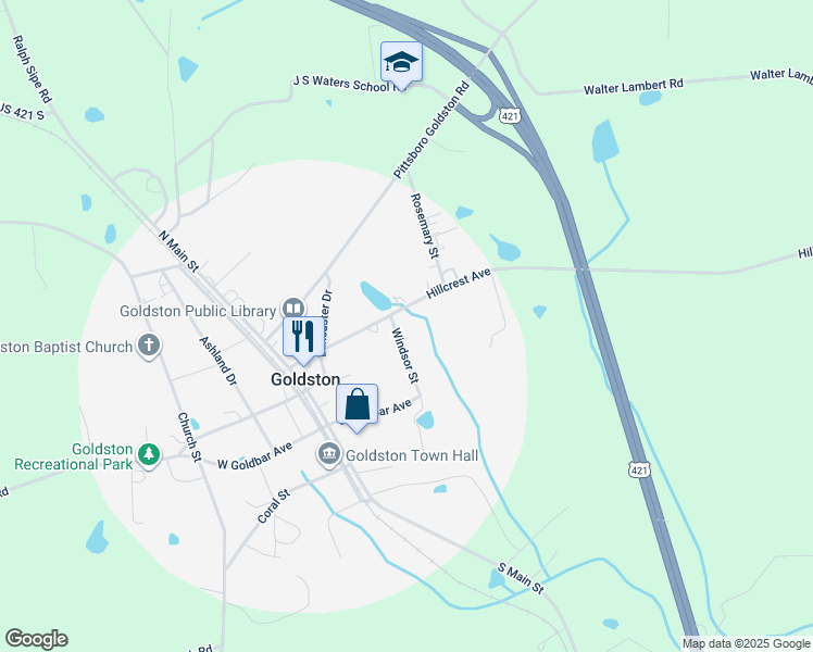 map of restaurants, bars, coffee shops, grocery stores, and more near 35 Windsor Street in Goldston