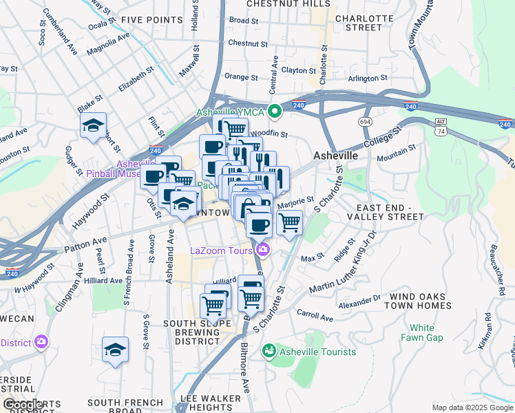 map of restaurants, bars, coffee shops, grocery stores, and more near in Asheville
