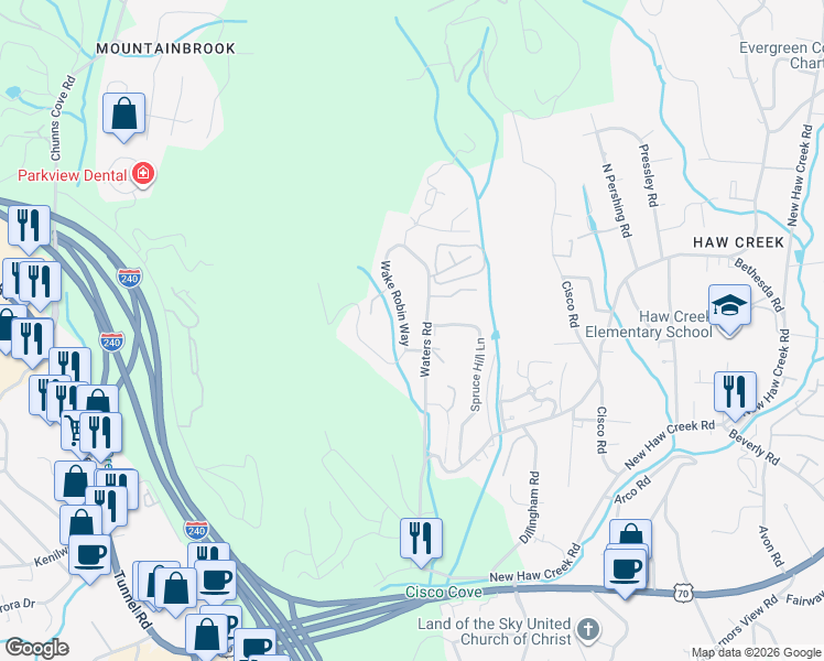 map of restaurants, bars, coffee shops, grocery stores, and more near 34 Wake Robin Way in Asheville