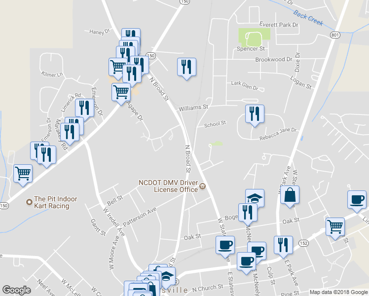 map of restaurants, bars, coffee shops, grocery stores, and more near 594 North Broad Street in Mooresville