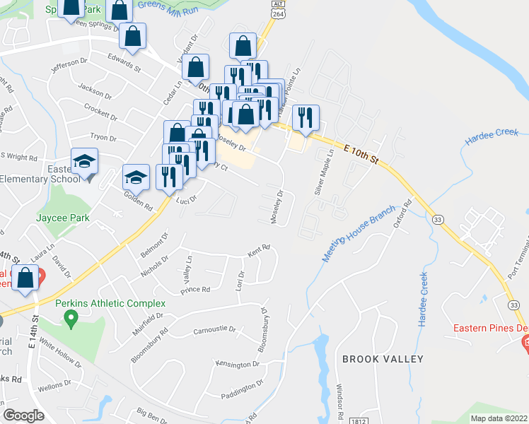 map of restaurants, bars, coffee shops, grocery stores, and more near 3234 Moseley Drive in Greenville