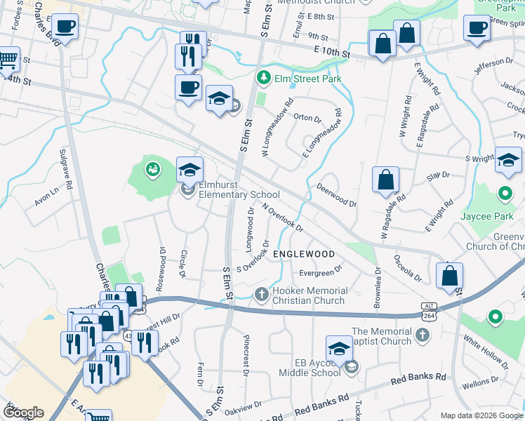 map of restaurants, bars, coffee shops, grocery stores, and more near 1107 N Overlook Dr in Greenville