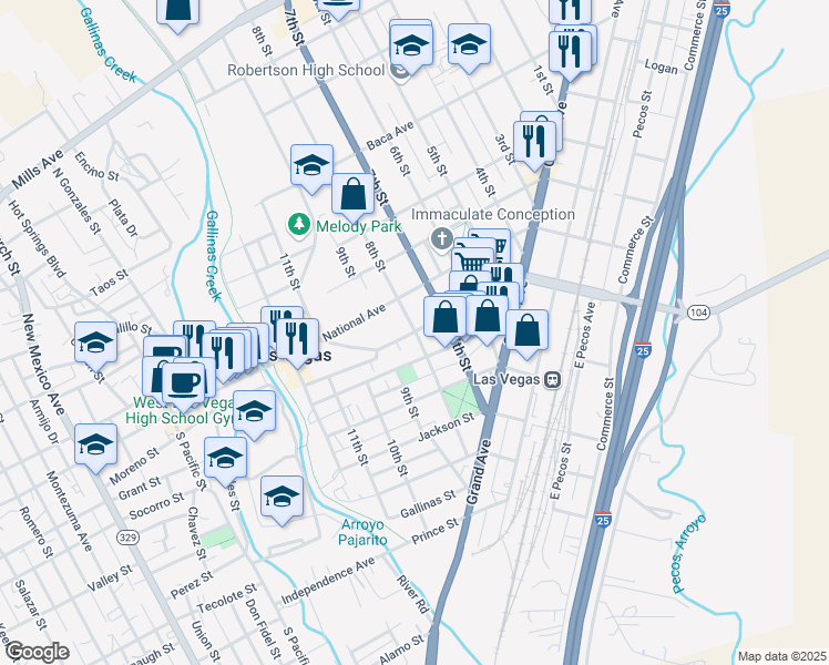 map of restaurants, bars, coffee shops, grocery stores, and more near University Avenue in Las Vegas