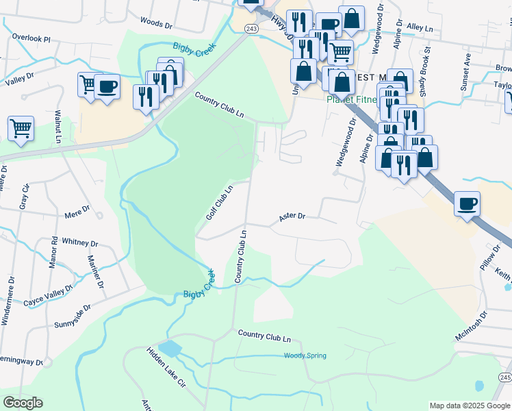 map of restaurants, bars, coffee shops, grocery stores, and more near 2217 Country Club Lane in Columbia