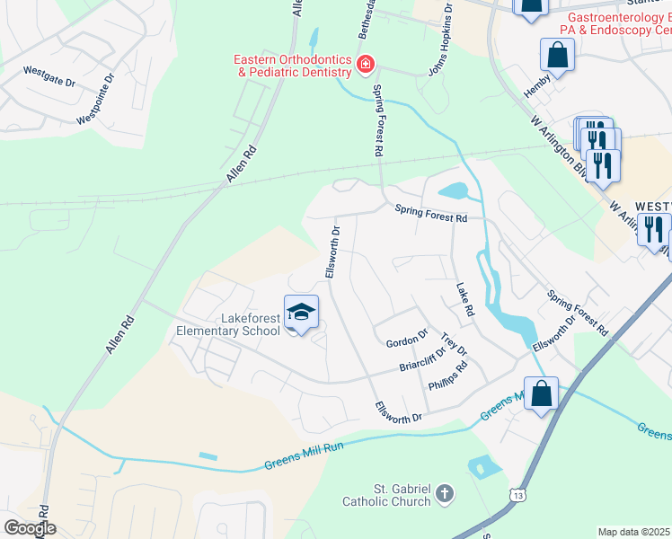 map of restaurants, bars, coffee shops, grocery stores, and more near 3404 Ellsworth Drive in Greenville