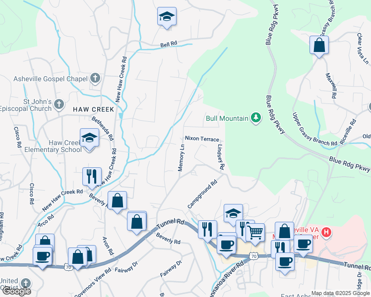 map of restaurants, bars, coffee shops, grocery stores, and more near 55 Memory Lane in Asheville