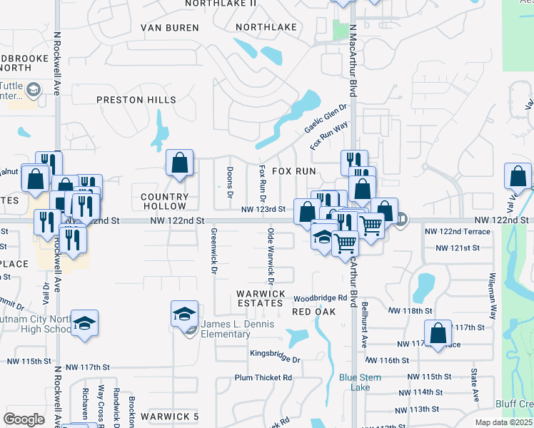 map of restaurants, bars, coffee shops, grocery stores, and more near 6324 Northwest 123rd Street in Oklahoma City