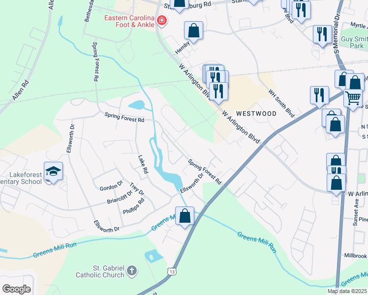 map of restaurants, bars, coffee shops, grocery stores, and more near 925 Spring Forest Road in Greenville