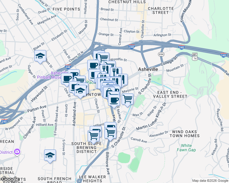 map of restaurants, bars, coffee shops, grocery stores, and more near in Asheville