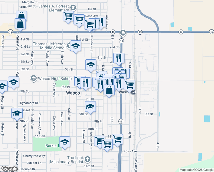 map of restaurants, bars, coffee shops, grocery stores, and more near 622 D Street in Wasco