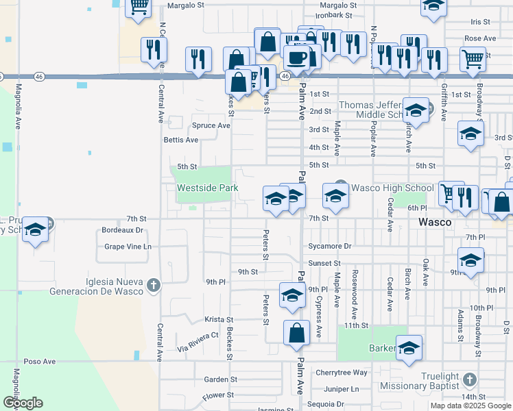 map of restaurants, bars, coffee shops, grocery stores, and more near 2334 7th Street in Wasco