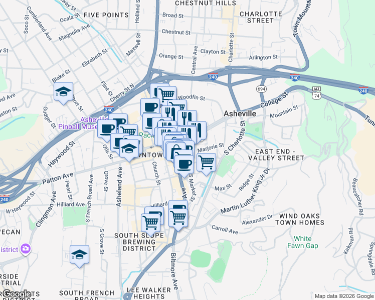 map of restaurants, bars, coffee shops, grocery stores, and more near in Asheville