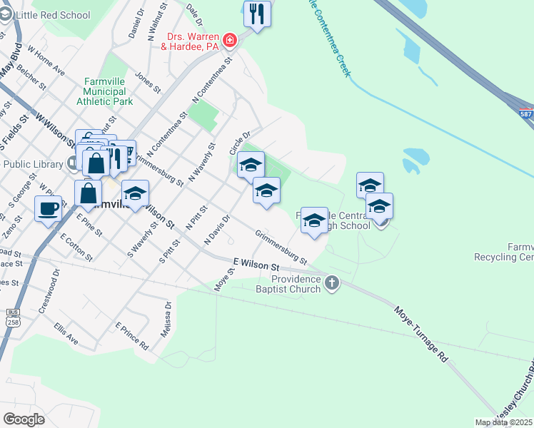 map of restaurants, bars, coffee shops, grocery stores, and more near 3994 Grimmersburg Street in Farmville