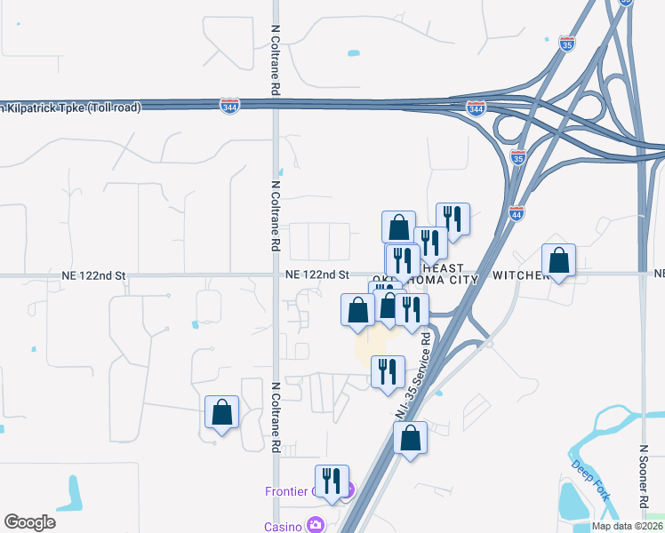 map of restaurants, bars, coffee shops, grocery stores, and more near 4495-4639 Northeast 122nd Street in Oklahoma City