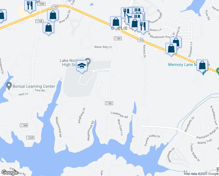 map of restaurants, bars, coffee shops, grocery stores, and more near Doolie Road in Mooresville