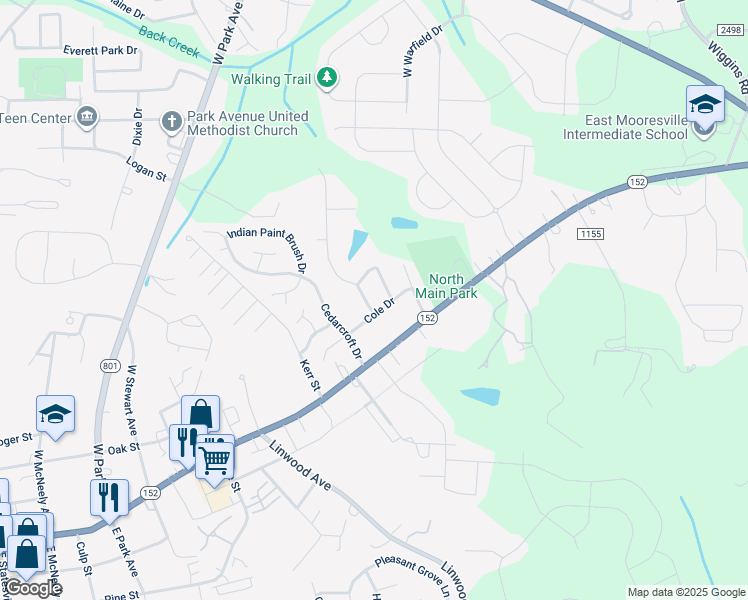 map of restaurants, bars, coffee shops, grocery stores, and more near 108 Wellshire Street in Mooresville