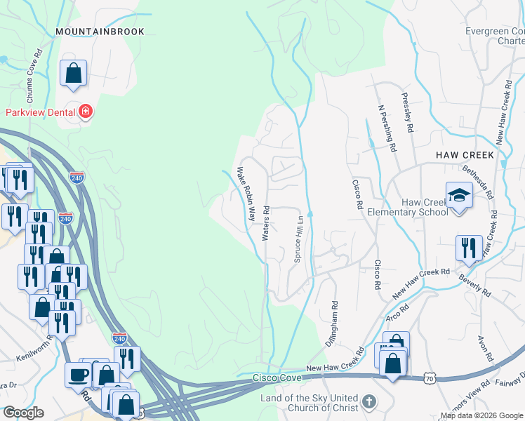 map of restaurants, bars, coffee shops, grocery stores, and more near 34 Wake Robin Way in Asheville
