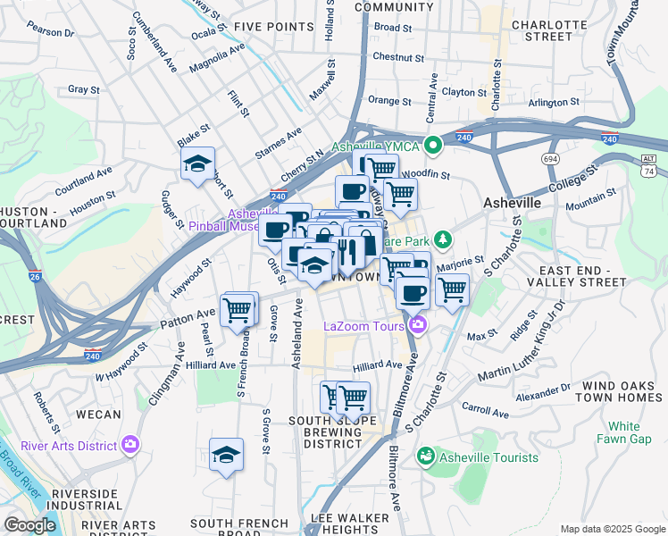 map of restaurants, bars, coffee shops, grocery stores, and more near in Asheville