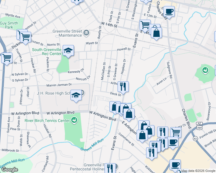 map of restaurants, bars, coffee shops, grocery stores, and more near 1909 McClellan Street in Greenville
