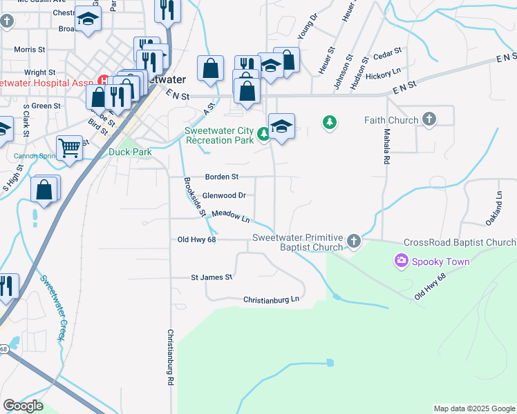 map of restaurants, bars, coffee shops, grocery stores, and more near 209 Meadow Lane in Sweetwater