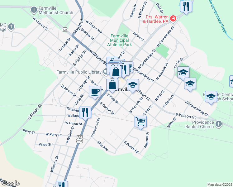 map of restaurants, bars, coffee shops, grocery stores, and more near 3438 South Contentnea Street in Farmville