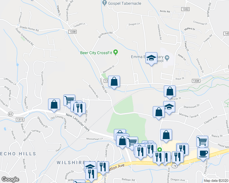 map of restaurants, bars, coffee shops, grocery stores, and more near 537 Hazel Mill Road in Asheville