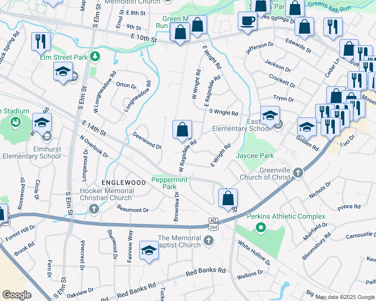 map of restaurants, bars, coffee shops, grocery stores, and more near 1401 W Ragsdale Rd in Greenville