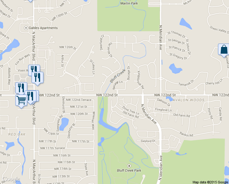 map of restaurants, bars, coffee shops, grocery stores, and more near 4812 Bocage Place in Oklahoma City