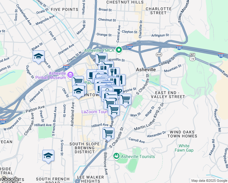 map of restaurants, bars, coffee shops, grocery stores, and more near in Asheville