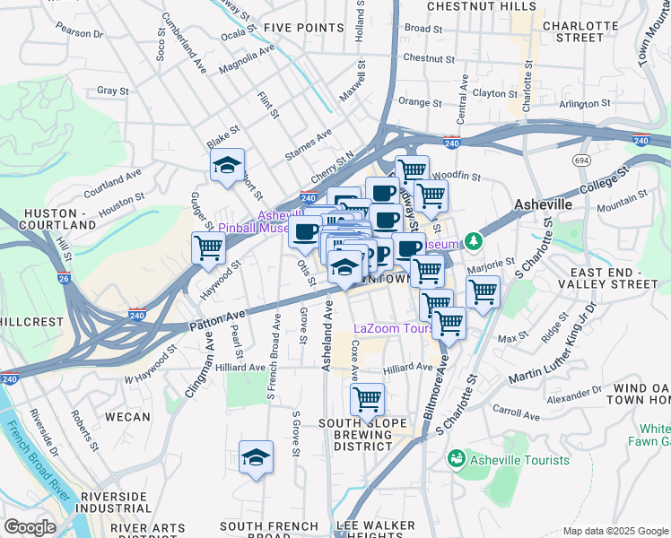 map of restaurants, bars, coffee shops, grocery stores, and more near 44 Battery Park Avenue in Asheville