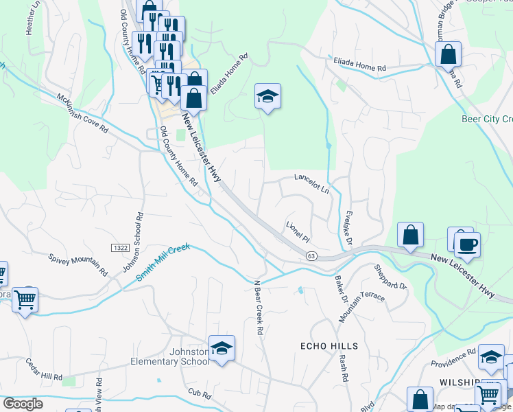 map of restaurants, bars, coffee shops, grocery stores, and more near 2 Compton Drive in Asheville
