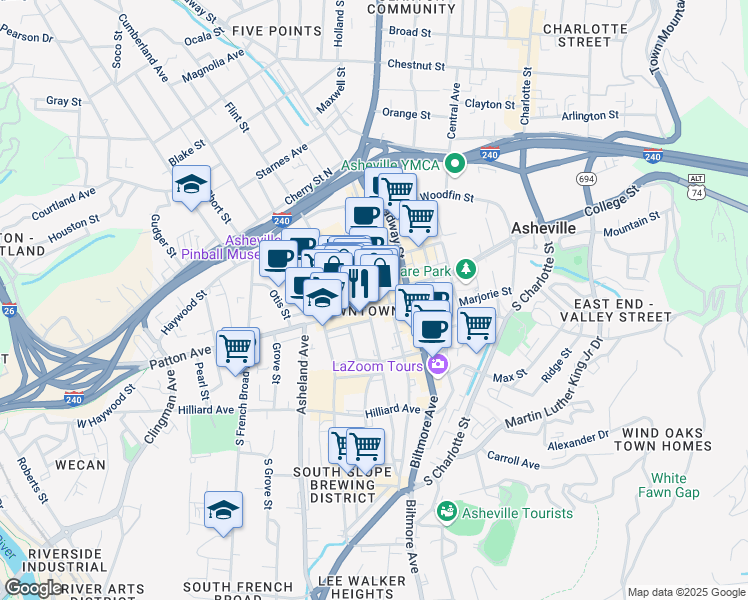 map of restaurants, bars, coffee shops, grocery stores, and more near 39 Patton Avenue in Asheville