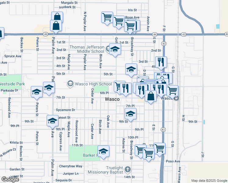 map of restaurants, bars, coffee shops, grocery stores, and more near 1220 7th Street in Wasco