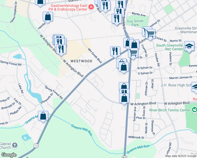 map of restaurants, bars, coffee shops, grocery stores, and more near 209A Lindbeth Drive in Greenville