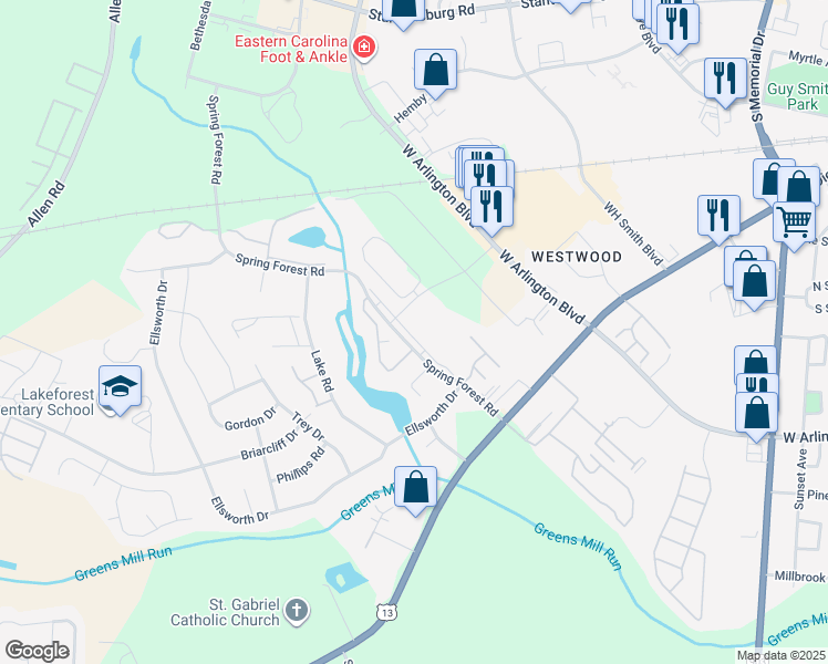 map of restaurants, bars, coffee shops, grocery stores, and more near 925 Spring Forest Road in Greenville