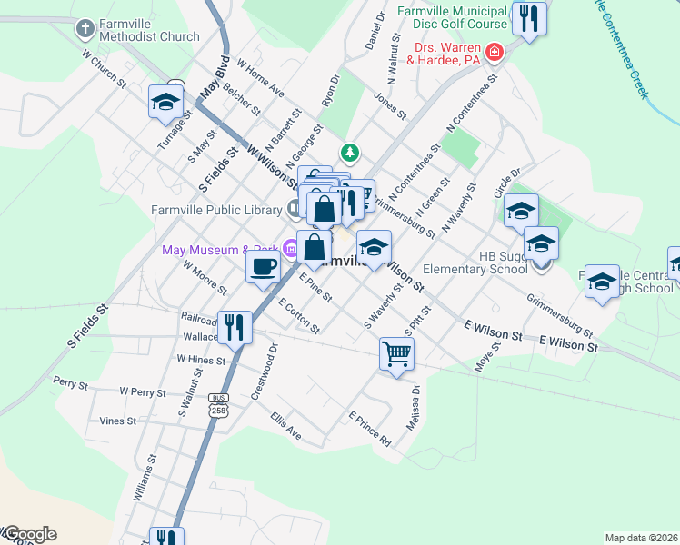 map of restaurants, bars, coffee shops, grocery stores, and more near in Farmville